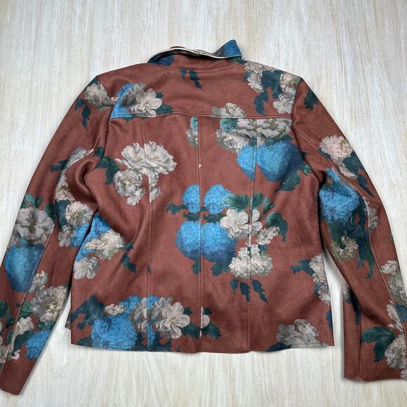 Elie Tahari Faux Leather Brown Hydrangea Floral Print Boho Chic Moto Jacket XL - Picture 16 of 16